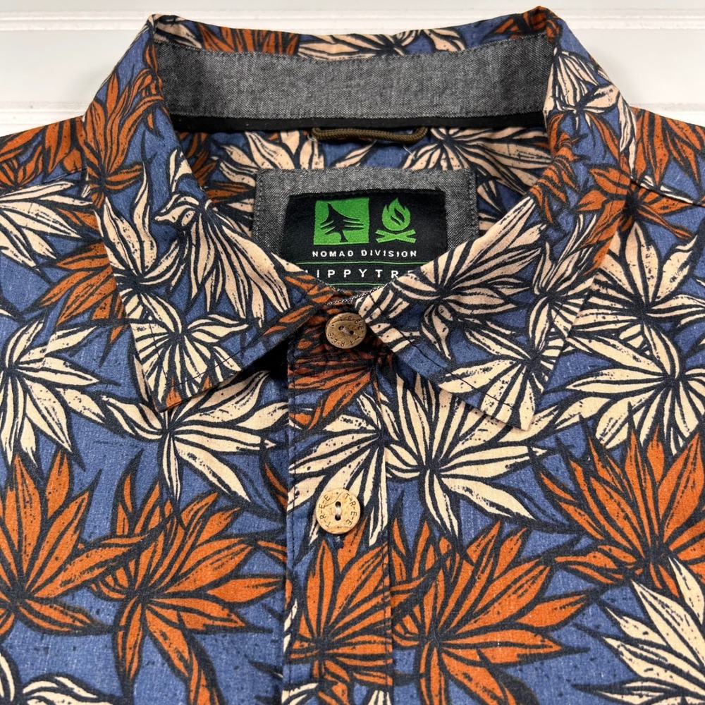 HippyTree Nomad Division Short Sleeve Button Shirt Mens L Blue Orange Leaf Print